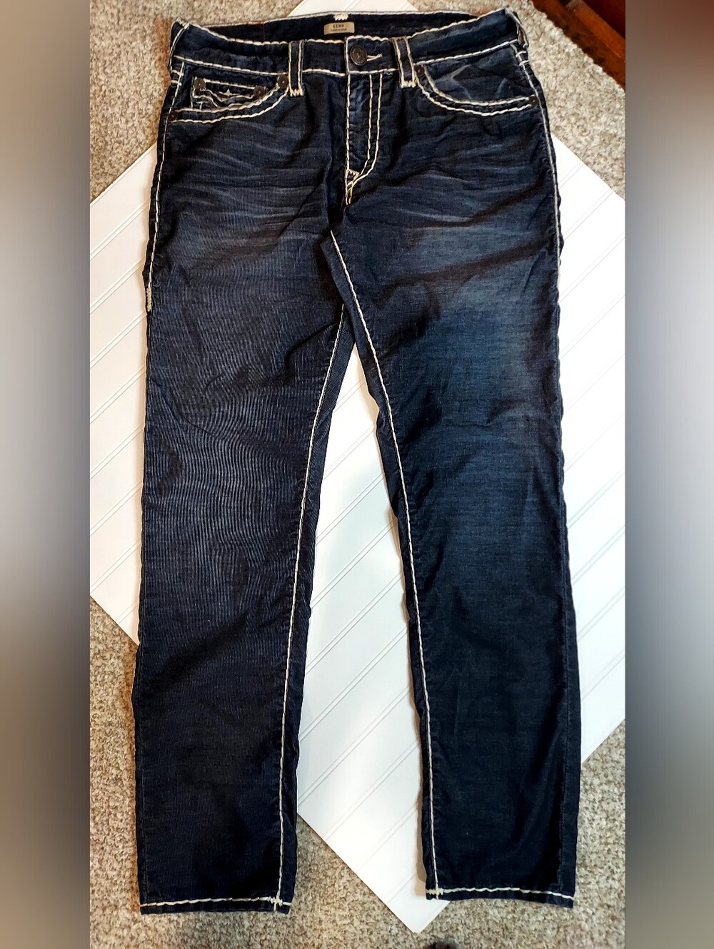 True Religion Geno Super T Relaxed Slim Jeans Men 34x32 Dark Wash Thick Stitch